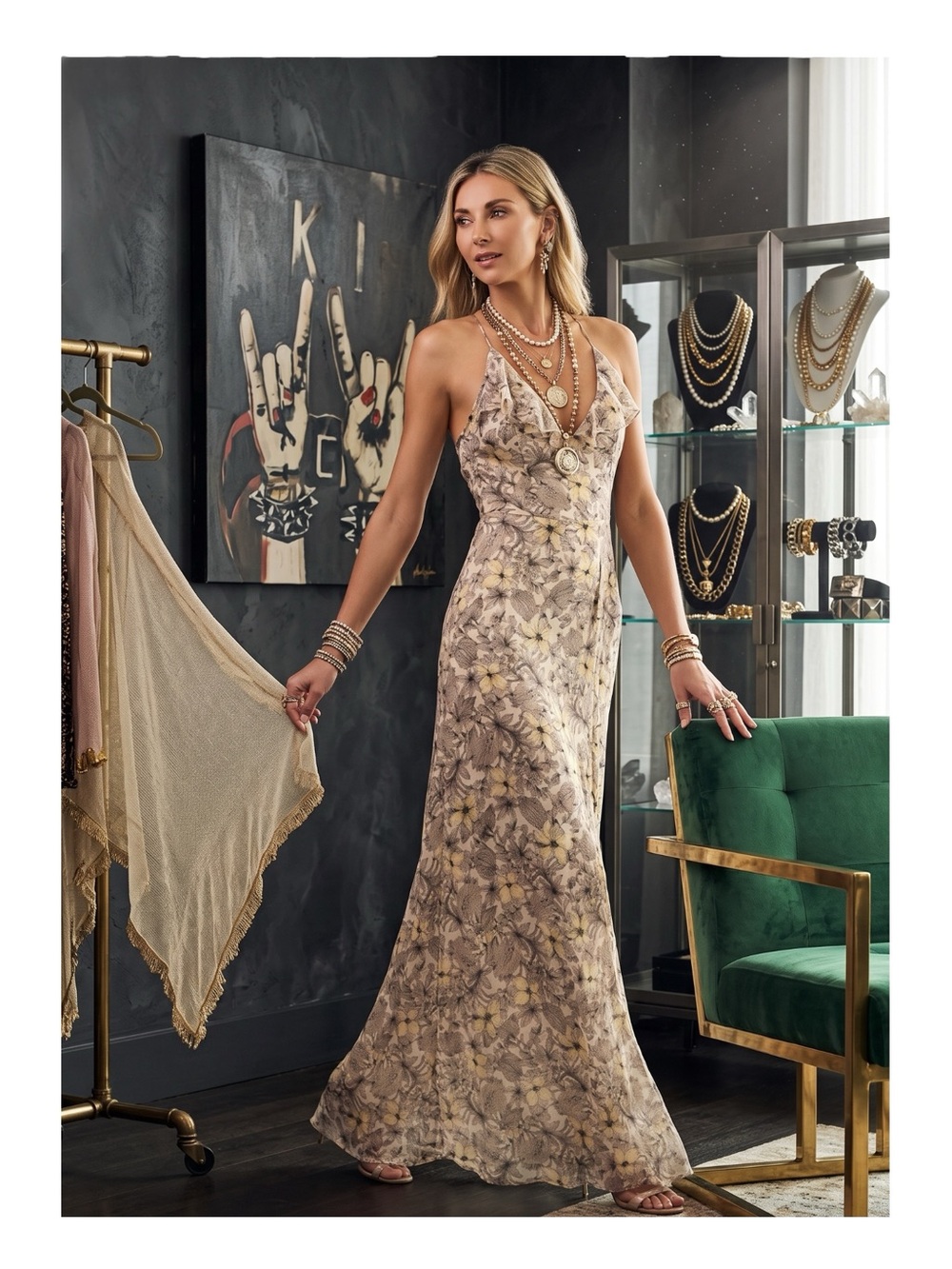 The Jetset Diaries TJD ⚘ Frangipani Maxi Dress ⚘ Gold Print ⚘ Large ⚘ Thigh Slit